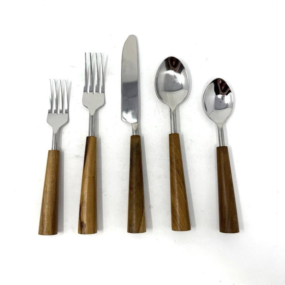 Anthropologie Lanai Sky 5-Piece Flatware Set Wooden Handle Fork‎ Knife Spoon
